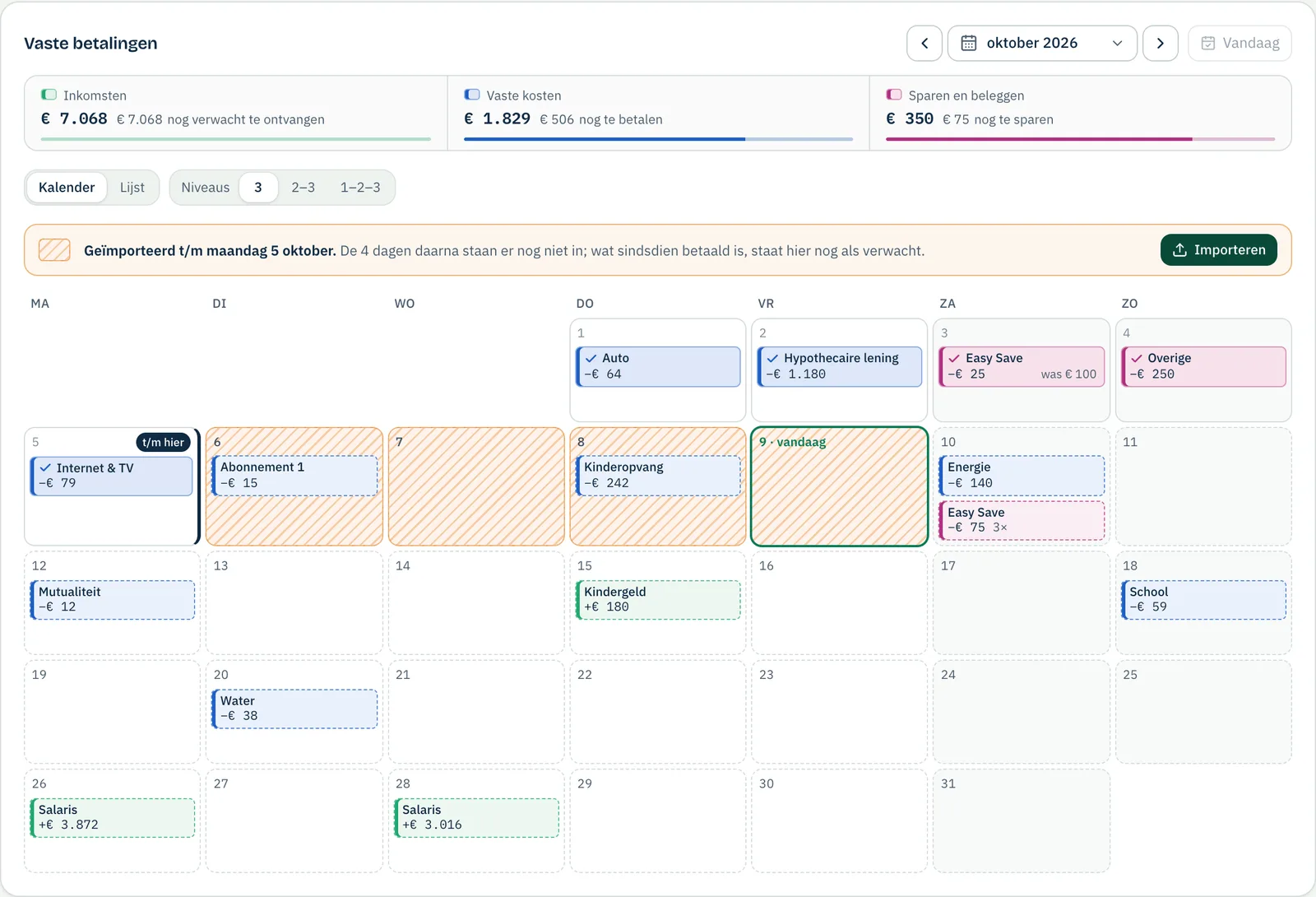 De kalender met vaste betalingen in Effe: per dag wat er vertrok of binnenkwam, wat nog verwacht wordt, en tot waar je geïmporteerd hebt.